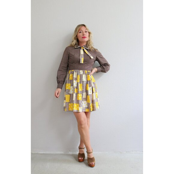 1970's Vintage Cocoa & Plaid Mini Dress Women's Double Extra Small XXS to XS 0 2 - Picture 4 of 10